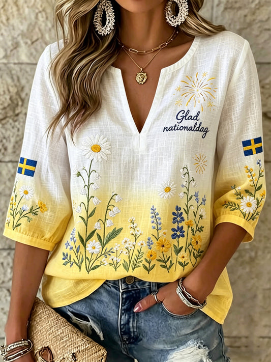 Women's Swedish National Day Commemorative Art Print V-Neck Top