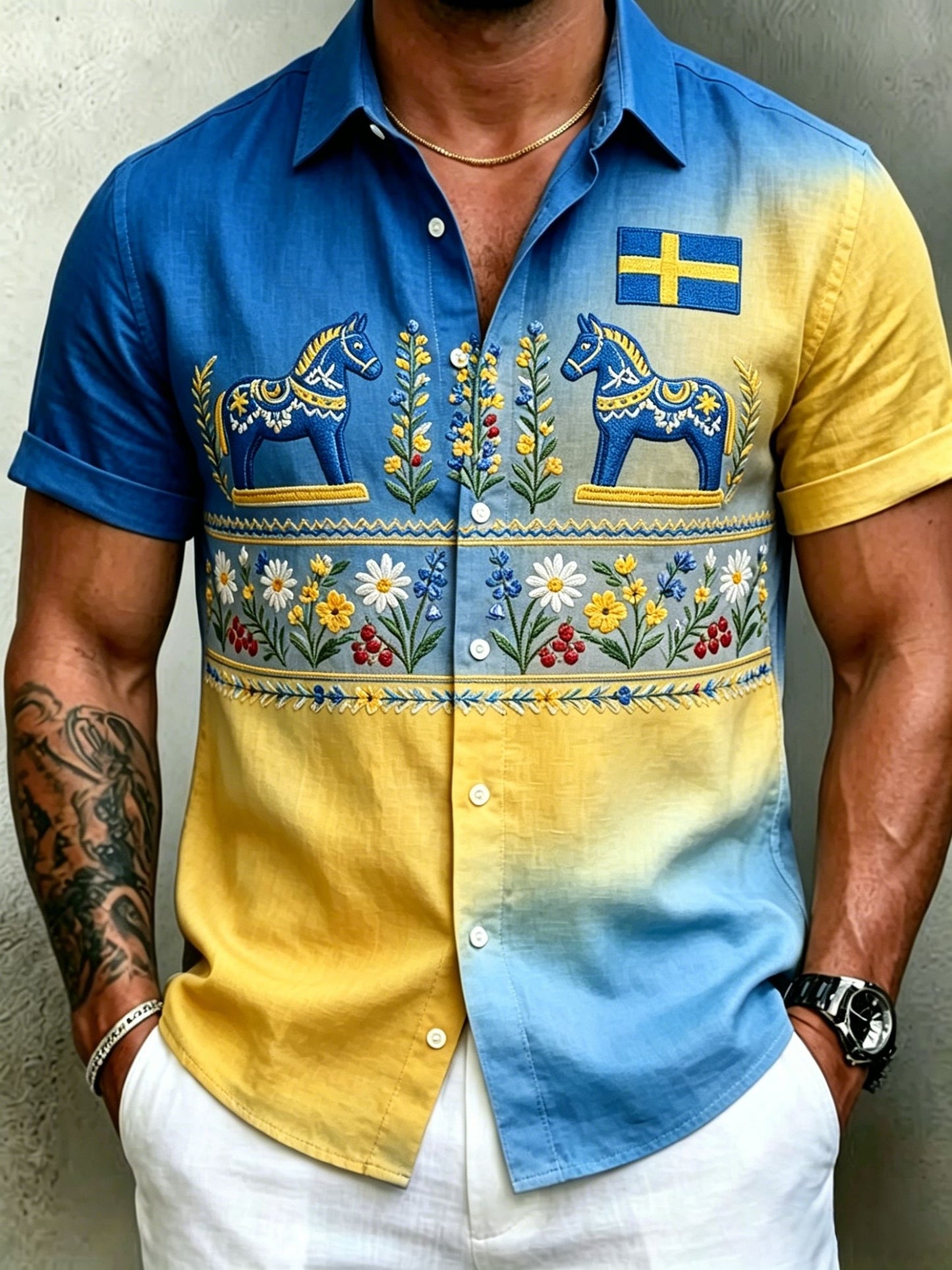Men's Retro Swedish Midsummer Folk Floral Cotton-Linen Short-Sleeve Shirts