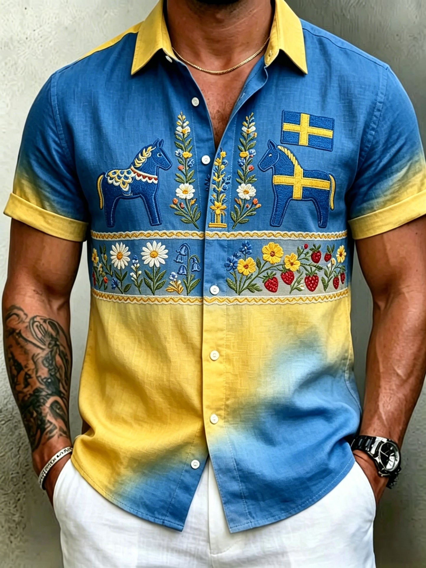 Men's Retro Swedish Midsummer Folk Floral Cotton-Linen Short-Sleeve Shirts