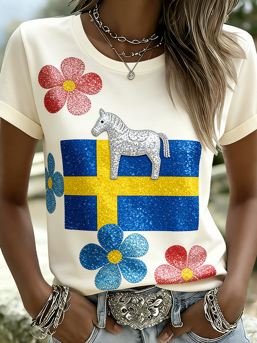 Retro Midsummer Festival Art Print Casual T-Shirt