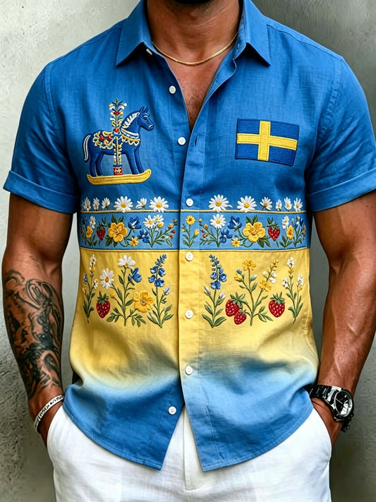 Men's Retro Swedish Midsummer Folk Floral Cotton-Linen Short-Sleeve Shirts