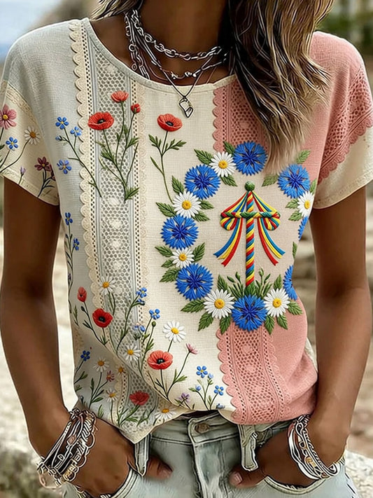 Retro Midsummer Festival Art Print Casual T-Shirt