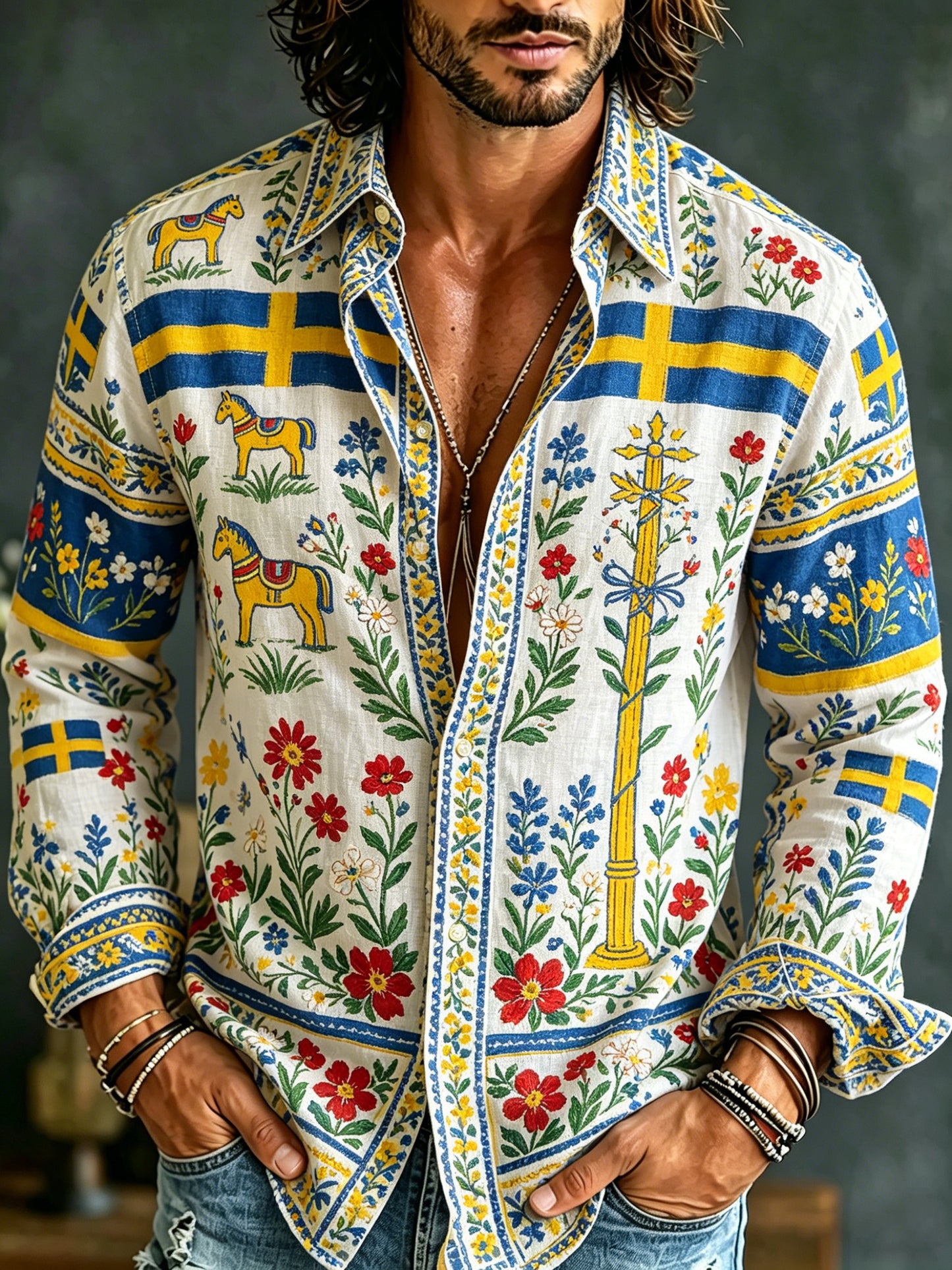 Men's Swedish Midsummer Festival Commemorative Art Print Long-Sleeve Shirt