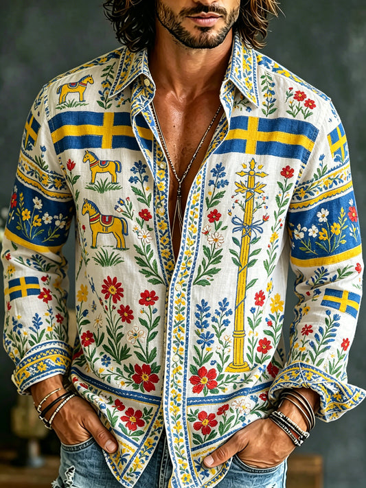 Men's Swedish Midsummer Festival Commemorative Art Print Long-Sleeve Shirt