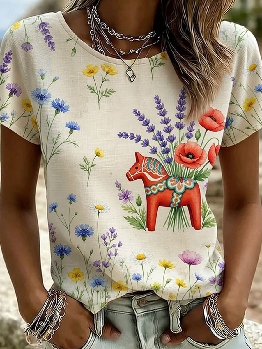 Retro Midsummer Festival Art Print Casual T-Shirt