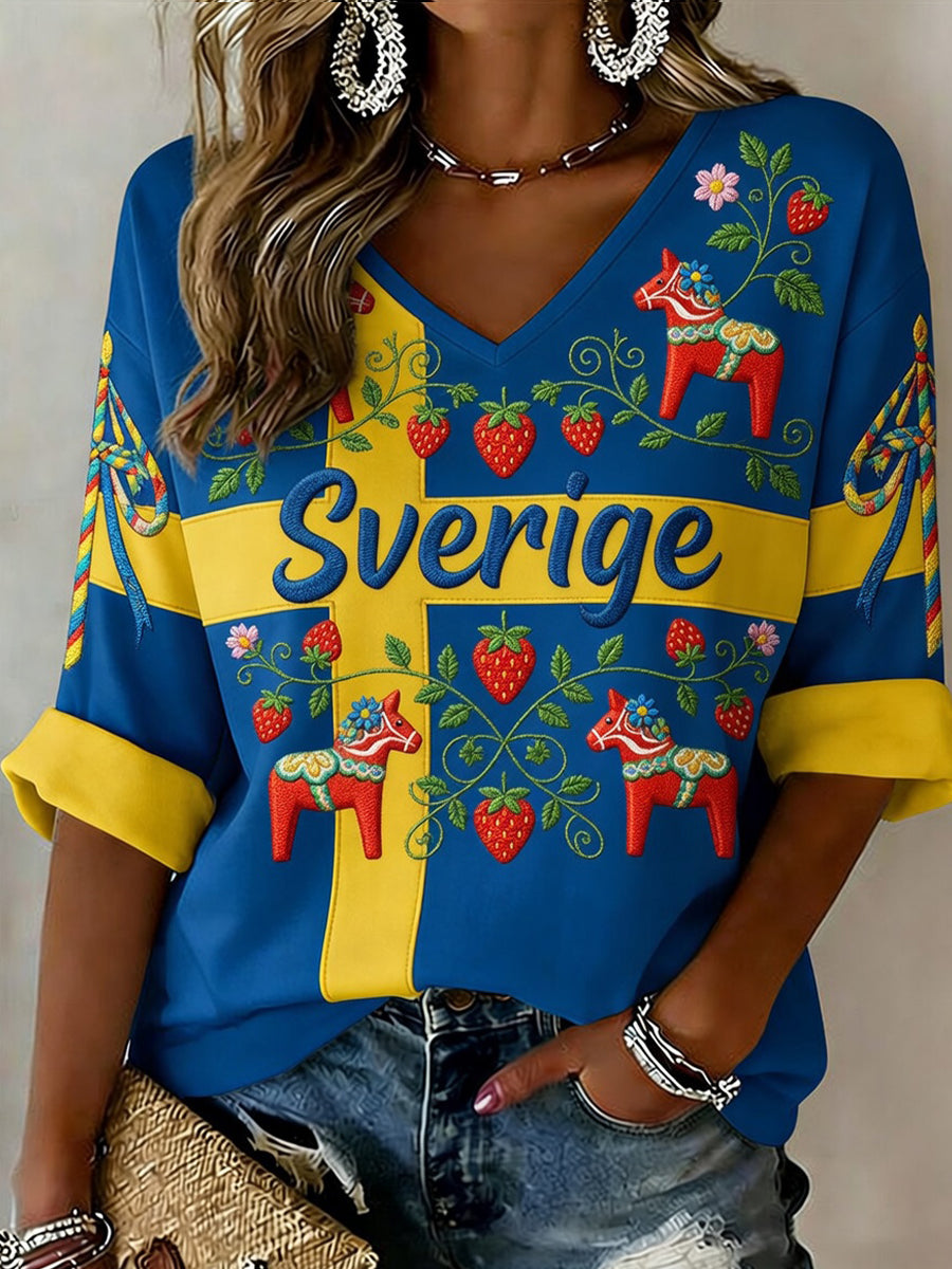 Retro Midsummer Festival Art Print Casual Top