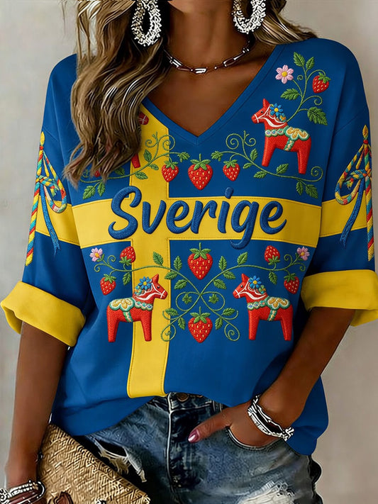 Retro Midsummer Festival Art Print Casual Top