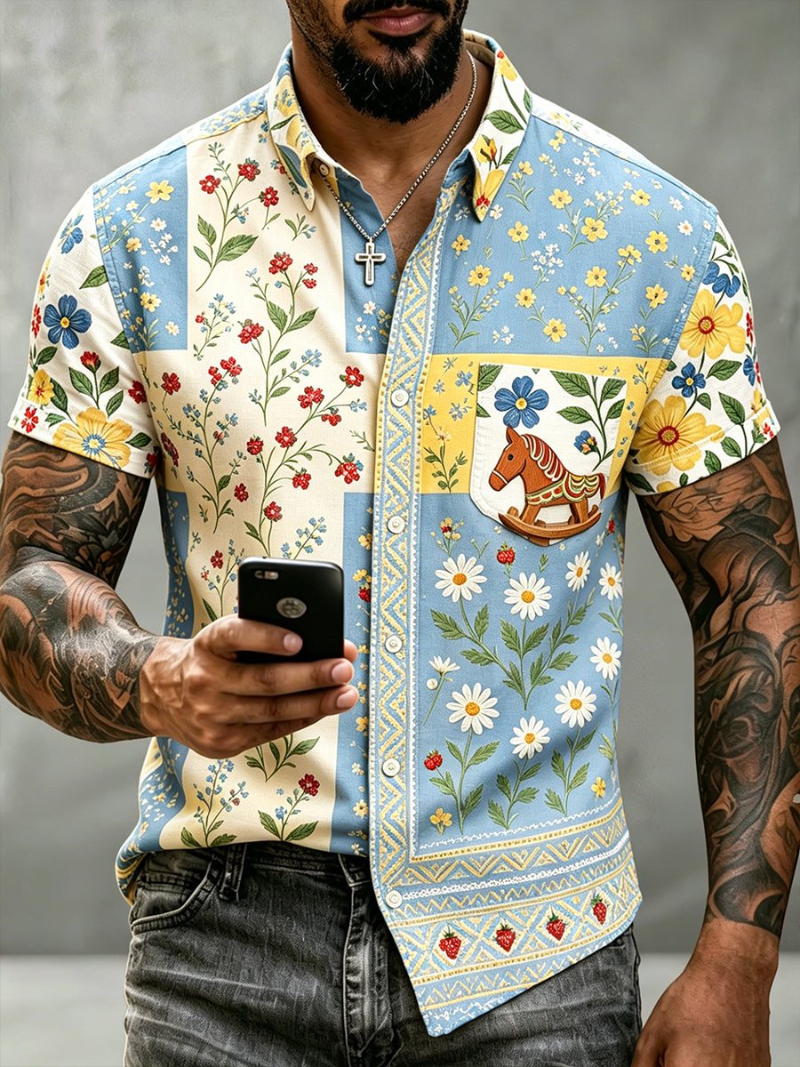 Retro Midsummer Festival Art Print Casual Shirt