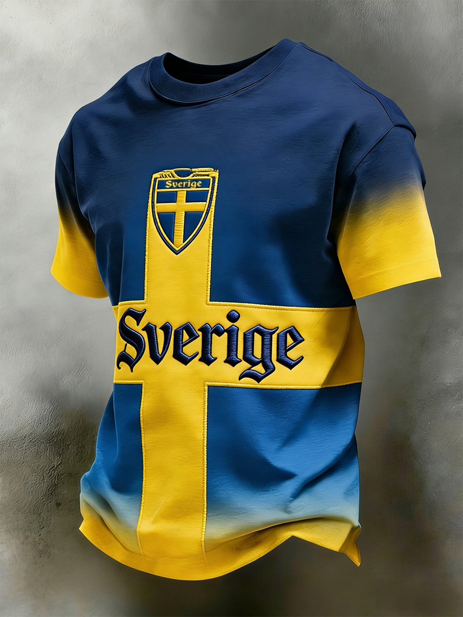 Retro Viking Swedish Flag Badge  Casual Sporty Short-Sleeve T-Shirt