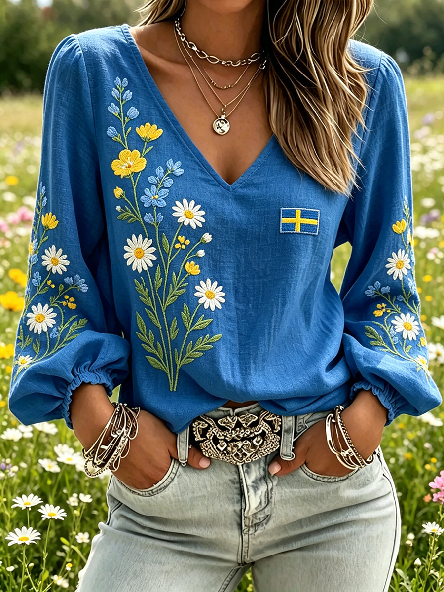 Women's Midsummer Floral Print Linen-Look Long-Sleeve Top