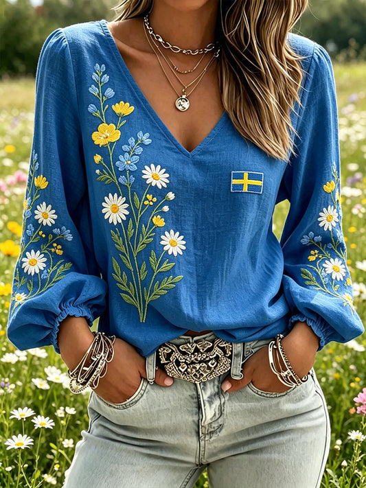 Women's Midsummer Floral Print Linen-Look Long-Sleeve Top