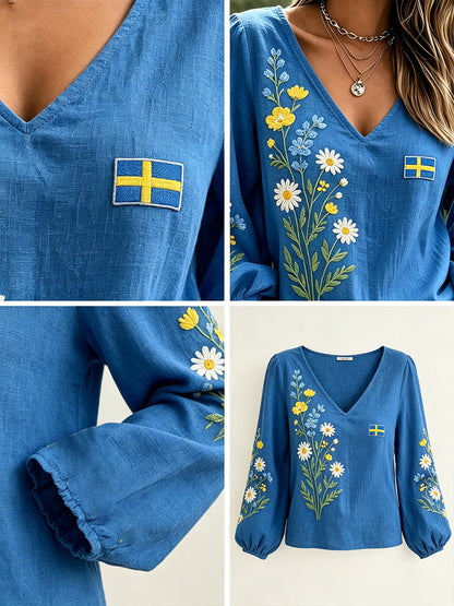 Women's Midsummer Floral Print Linen-Look Long-Sleeve Top