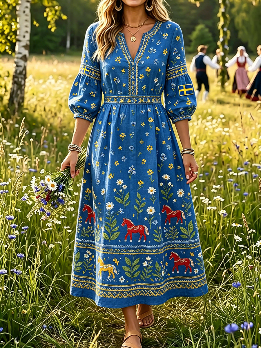 Women’s Swedish Midsummer Dala Horse Print Casual Fashion Cotton-Linen V-Neck Dress