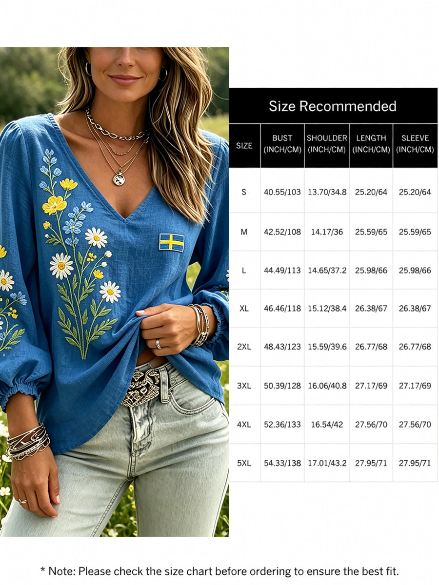 Women's Midsummer Floral Print Linen-Look Long-Sleeve Top