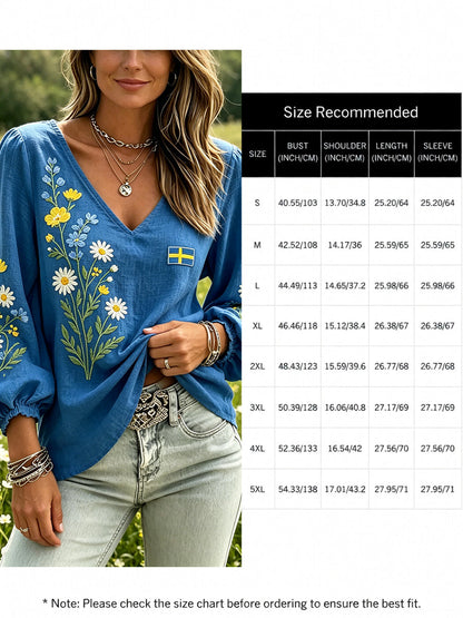 Women's Midsummer Floral Print Linen-Look Long-Sleeve Top
