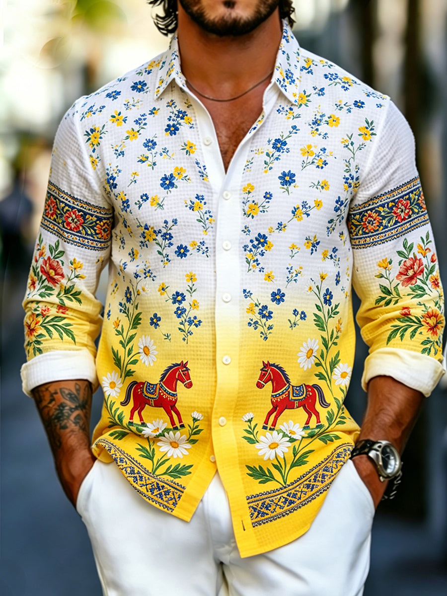Men's Midsummer Floral Print Waffle-Knit Long-Sleeve Shirt