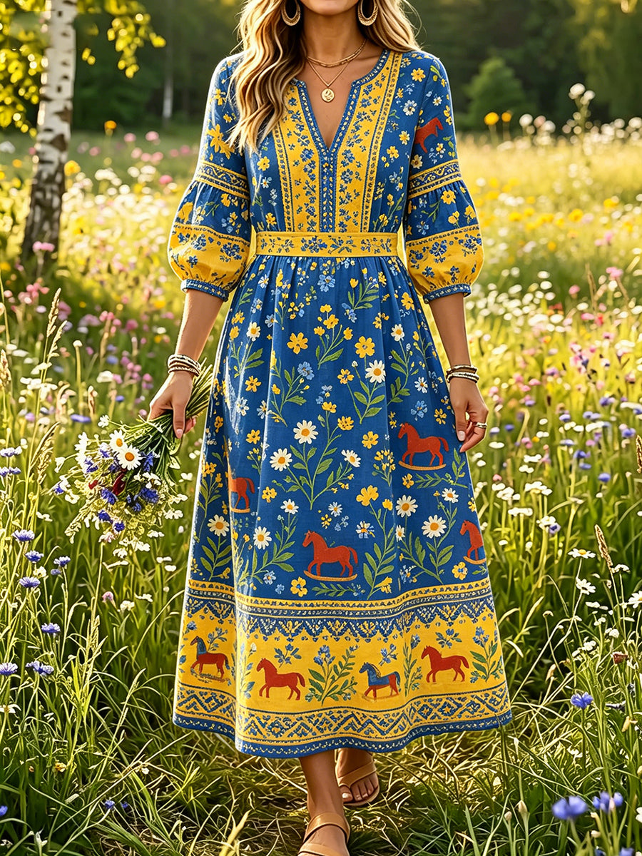 Women’s Swedish Midsummer Dala Horse Print Casual Fashion Cotton-Linen V-Neck Dress