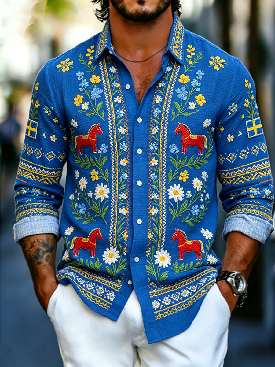 Men's Midsummer Floral Print Waffle-Knit Long-Sleeve Shirt