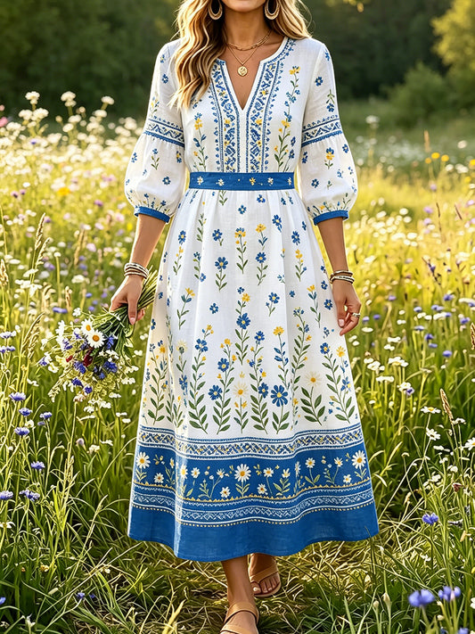 Women’s Swedish Midsummer Dala Horse Print Casual Fashion Cotton-Linen V-Neck Dress
