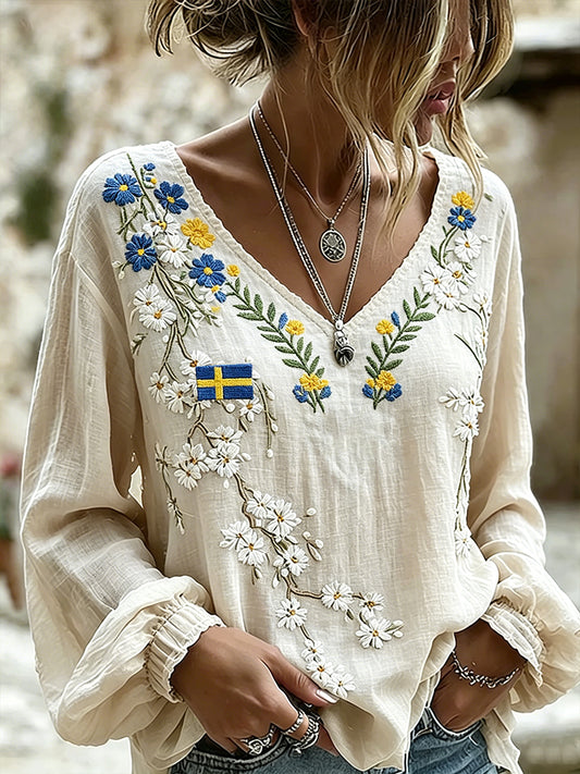 Women's Midsummer Floral Print Linen-Look Long-Sleeve Top