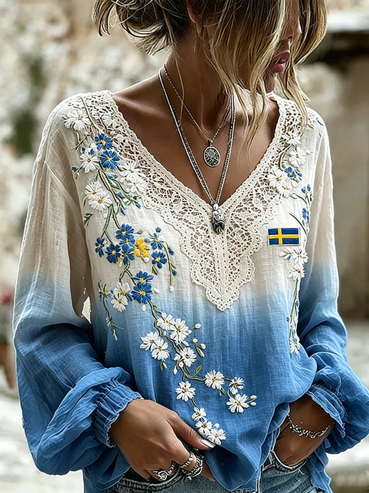 Women's Midsummer Floral Print Linen-Look Long-Sleeve Top