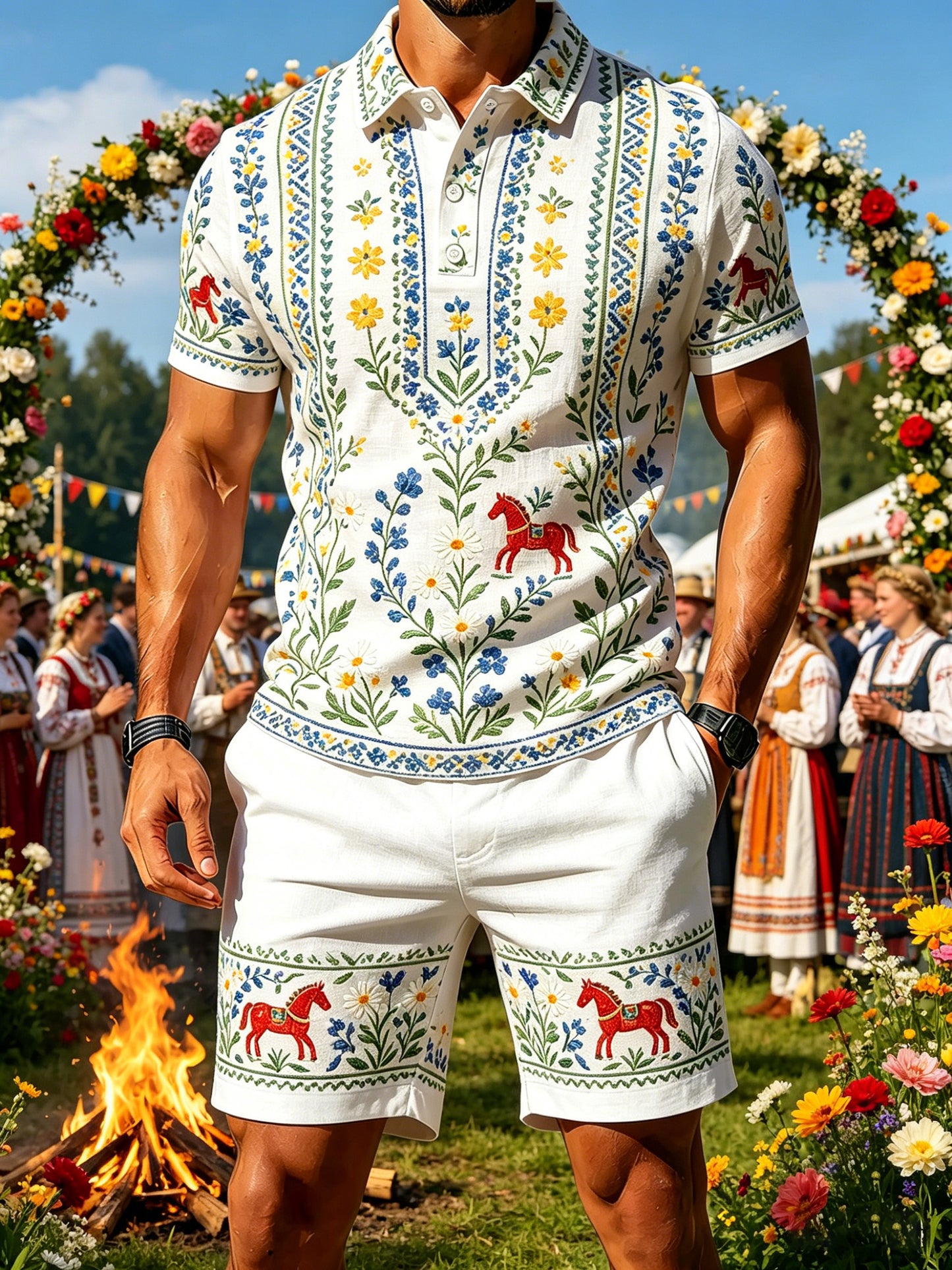 Men's Swedish Midsummer Festival Commemorative Art Print Polo Set