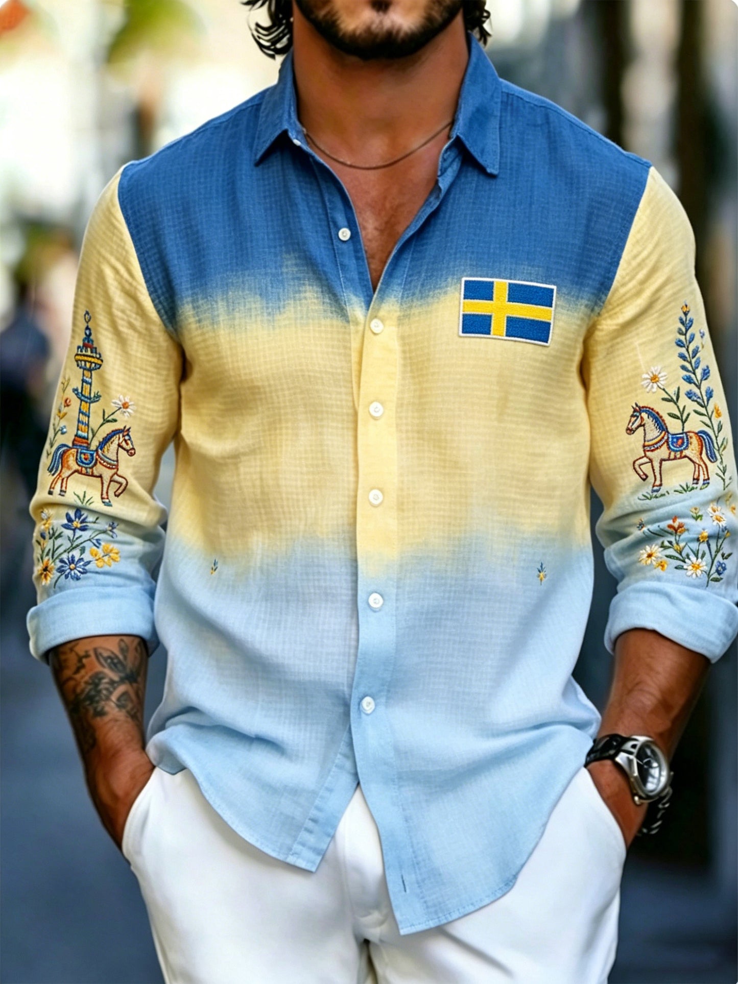 Men's Swedish Midsummer Festival Commemorative Art Print Long-Sleeve Shirt