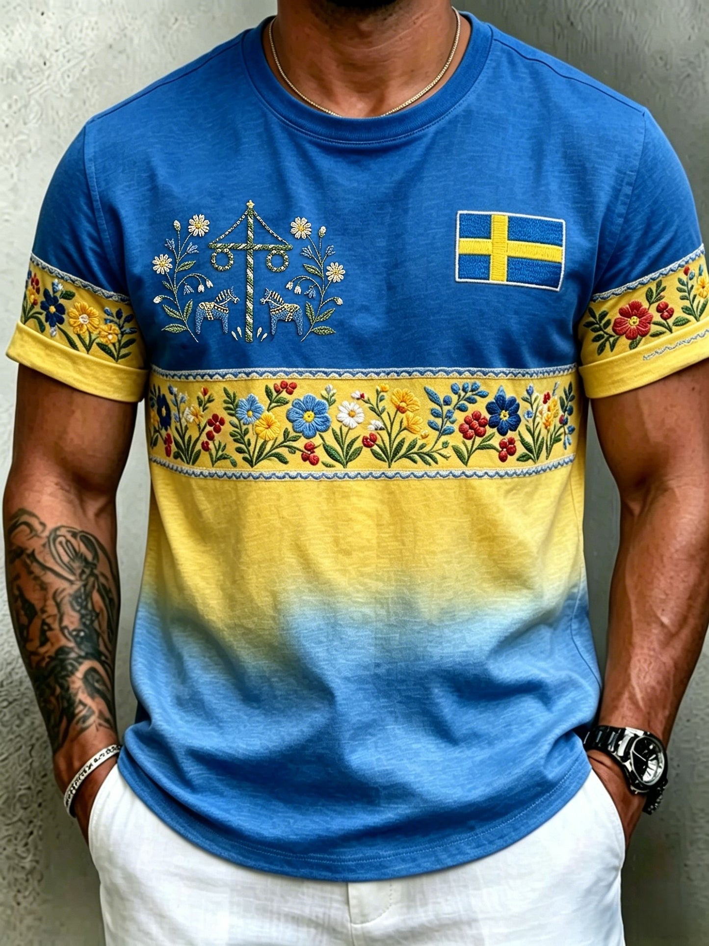 Men's Retro Swedish Midsummer Folk Floral Short-Sleeve T-Shirt