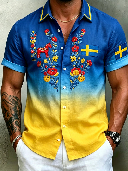 Men's Retro Swedish Midsummer Folk Floral Cotton-Linen Short-Sleeve Shirts