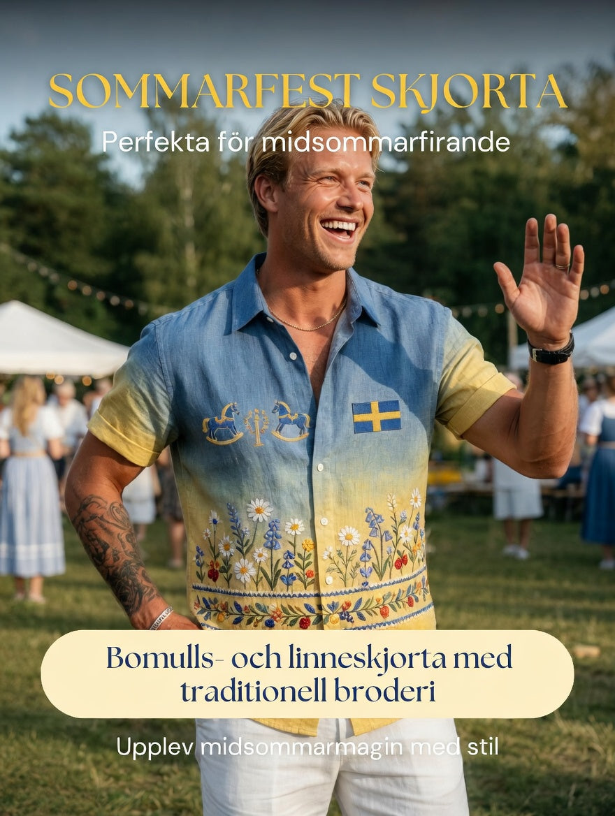 Men's Retro Swedish Midsummer Folk Floral Cotton-Linen Short-Sleeve Shirts