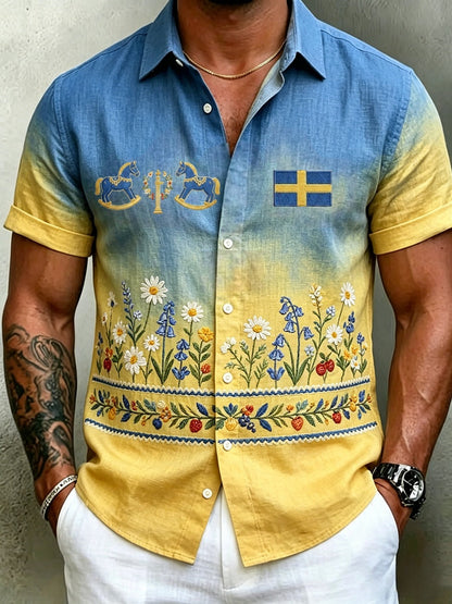 Men's Retro Swedish Midsummer Folk Floral Cotton-Linen Short-Sleeve Shirts