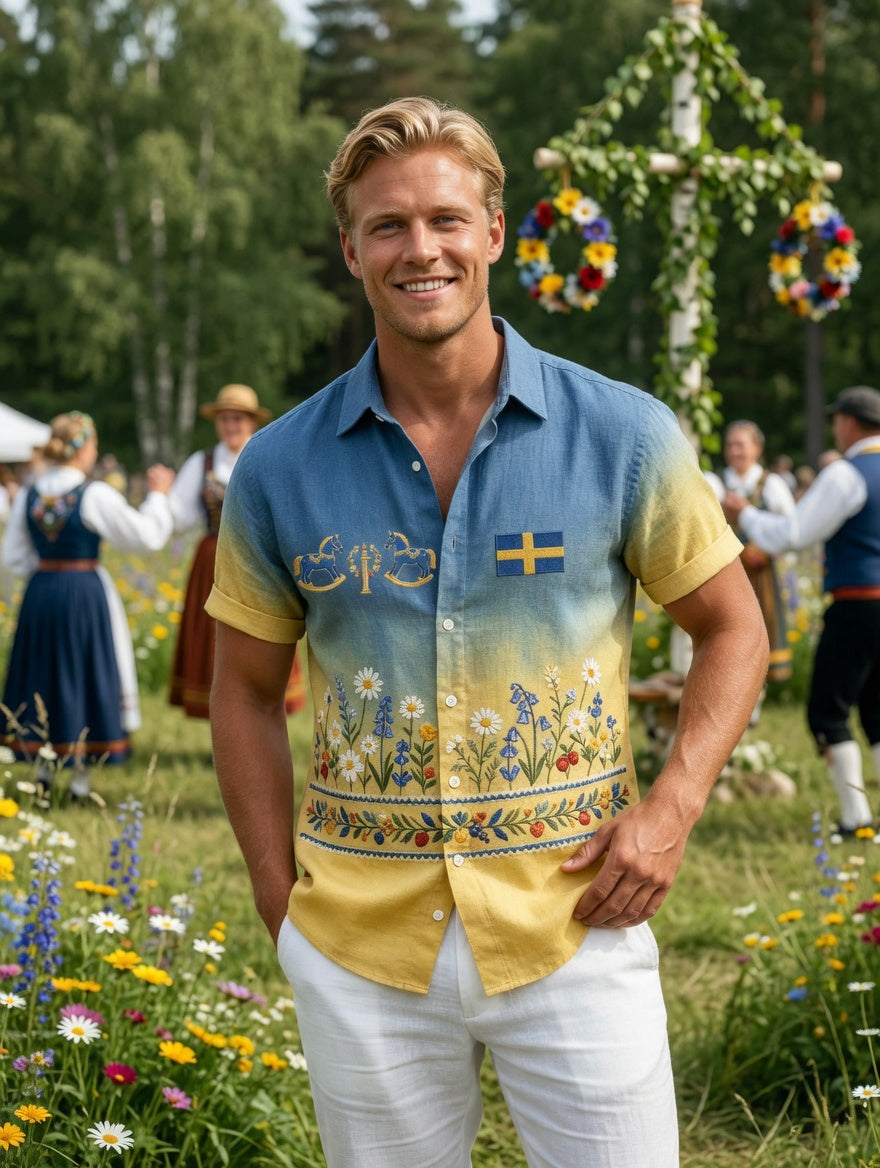 Men's Retro Swedish Midsummer Folk Floral Cotton-Linen Short-Sleeve Shirts