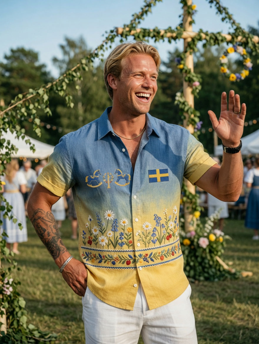 Men's Retro Swedish Midsummer Folk Floral Cotton-Linen Short-Sleeve Shirts