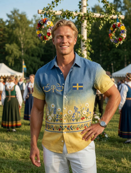 Men's Retro Swedish Midsummer Folk Floral Cotton-Linen Short-Sleeve Shirts