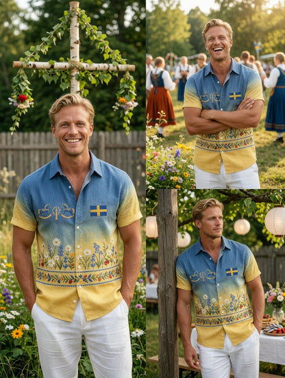 Men's Retro Swedish Midsummer Folk Floral Cotton-Linen Short-Sleeve Shirts