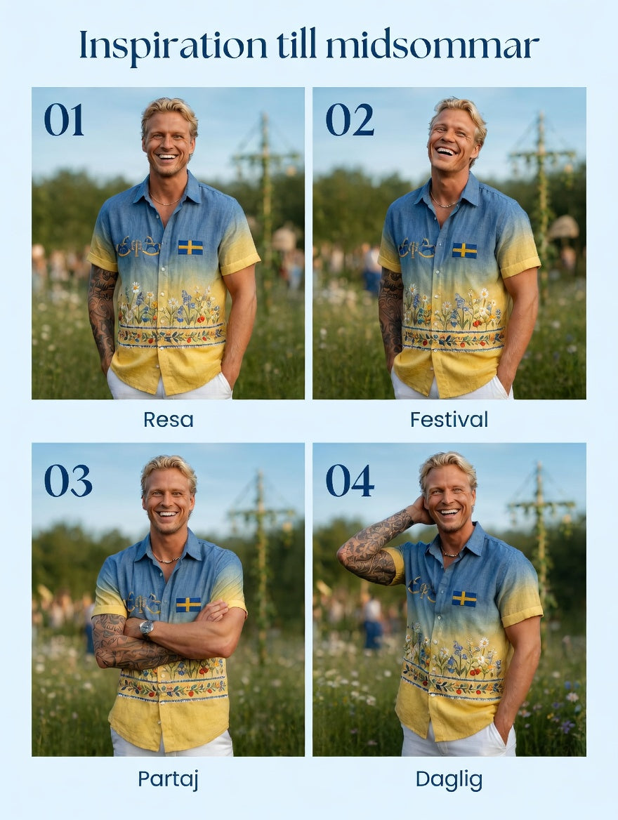 Men's Retro Swedish Midsummer Folk Floral Cotton-Linen Short-Sleeve Shirts