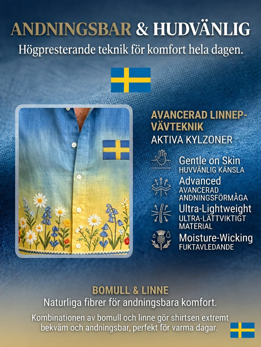 Men's Retro Swedish Midsummer Folk Floral Cotton-Linen Short-Sleeve Shirts