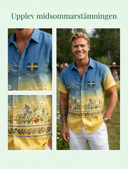 Men's Retro Swedish Midsummer Folk Floral Cotton-Linen Short-Sleeve Shirts