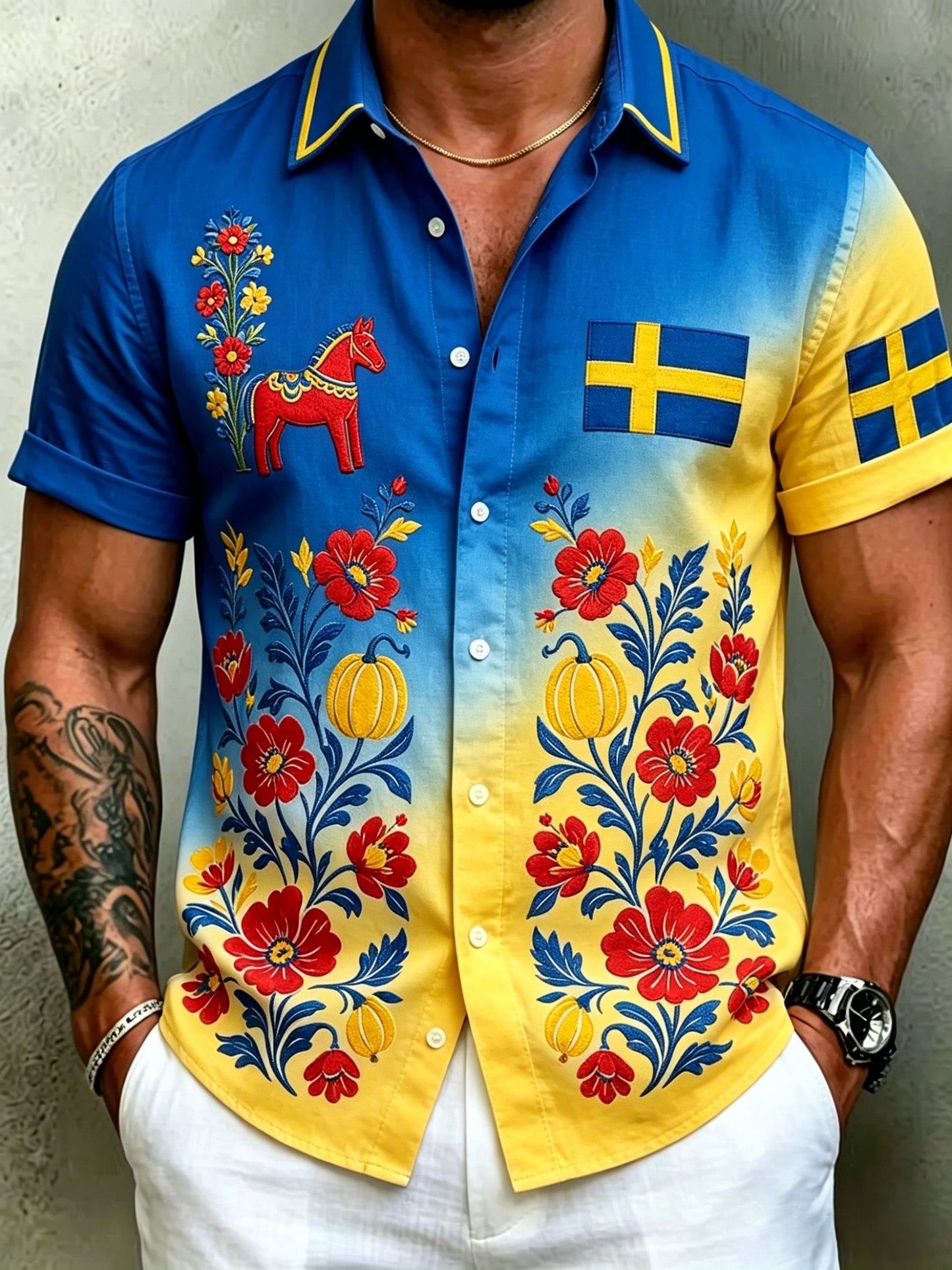 Men's Retro Swedish Midsummer Folk Floral Cotton-Linen Short-Sleeve Shirts
