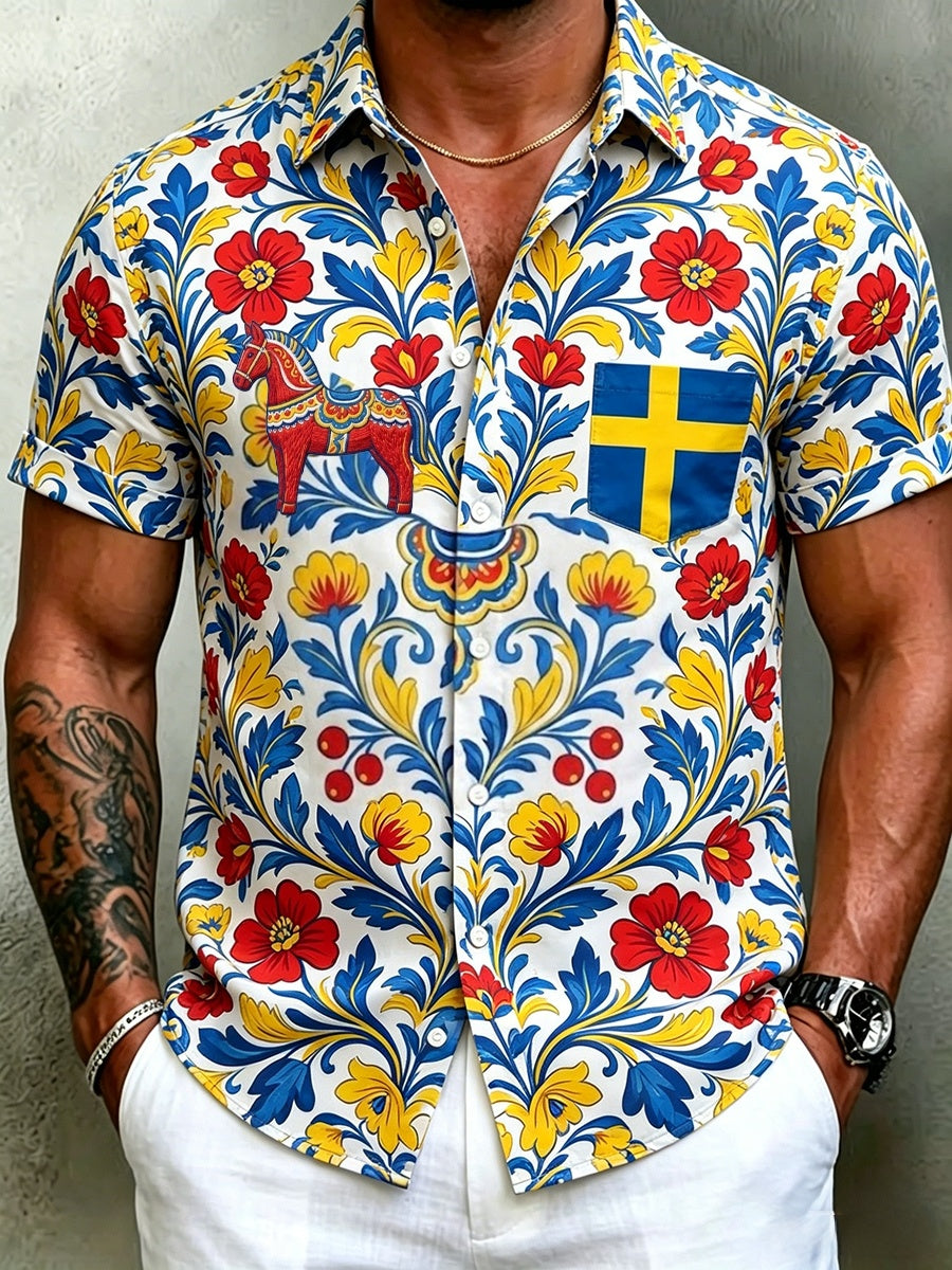 Men's Retro Swedish Midsummer Folk Floral Cotton-Linen Short-Sleeve Shirts