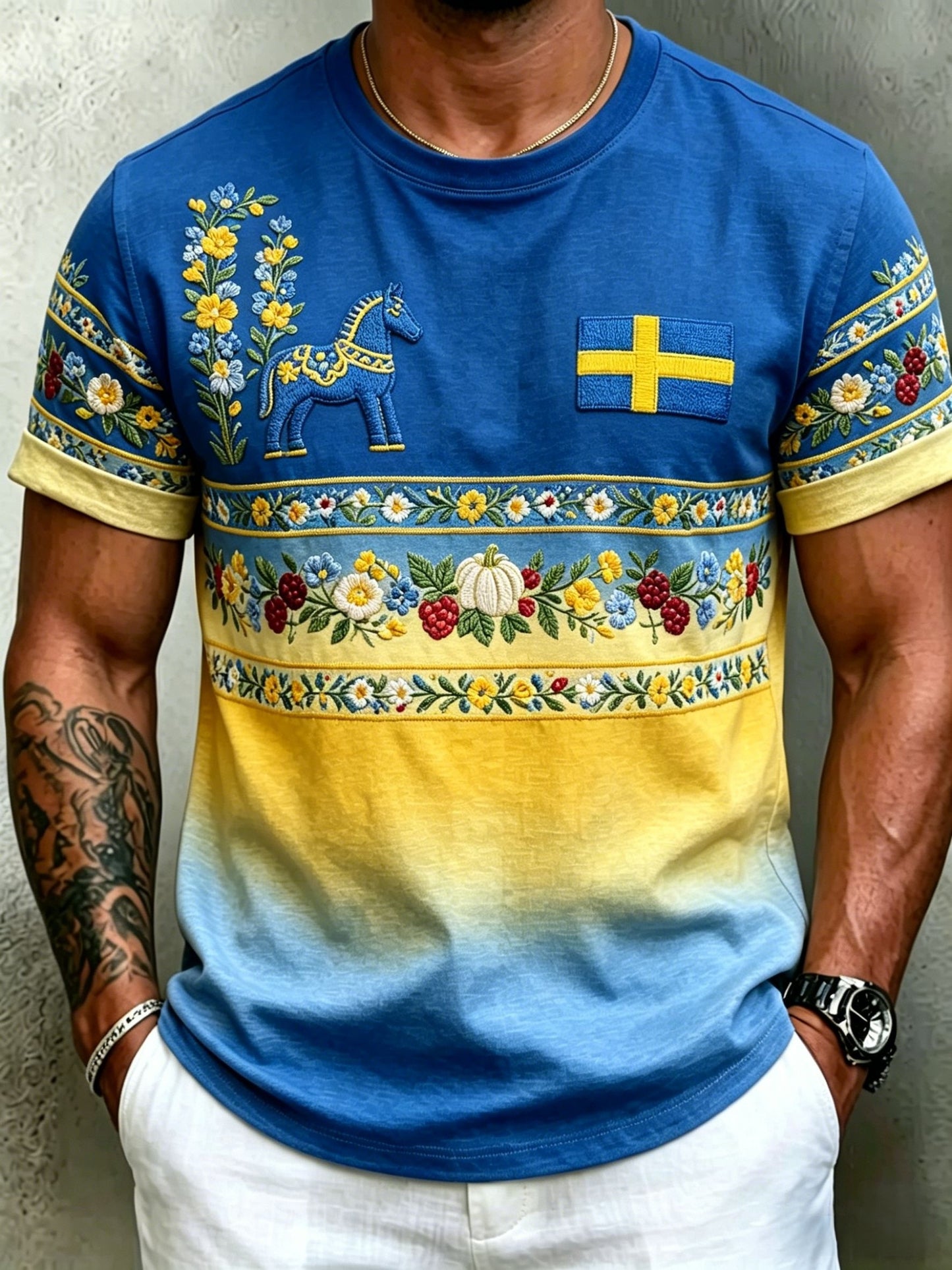 Men's Retro Swedish Midsummer Folk Floral Short-Sleeve T-Shirt