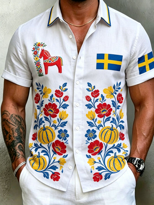 Men's Retro Swedish Midsummer Folk Floral Cotton-Linen Short-Sleeve Shirts