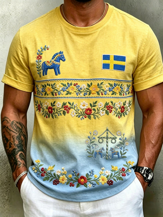 Men's Retro Swedish Midsummer Folk Floral Short-Sleeve T-Shirt