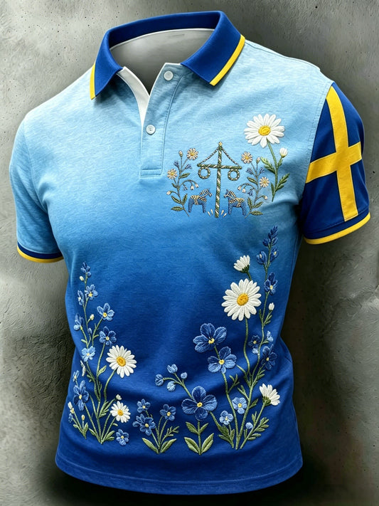 Men's Retro Swedish Midsummer Folk Floral Short-Sleeve Polo Shirt