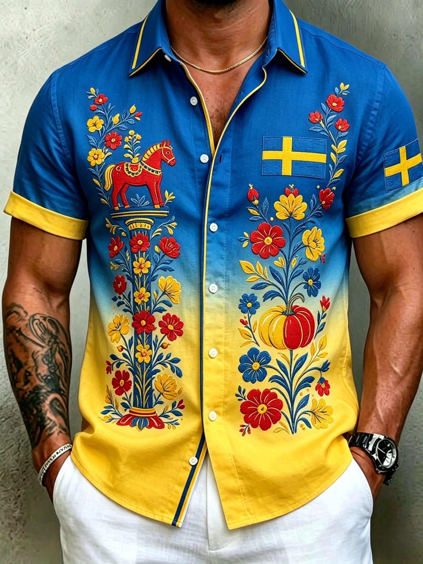 Men's Retro Swedish Midsummer Folk Floral Cotton-Linen Short-Sleeve Shirts