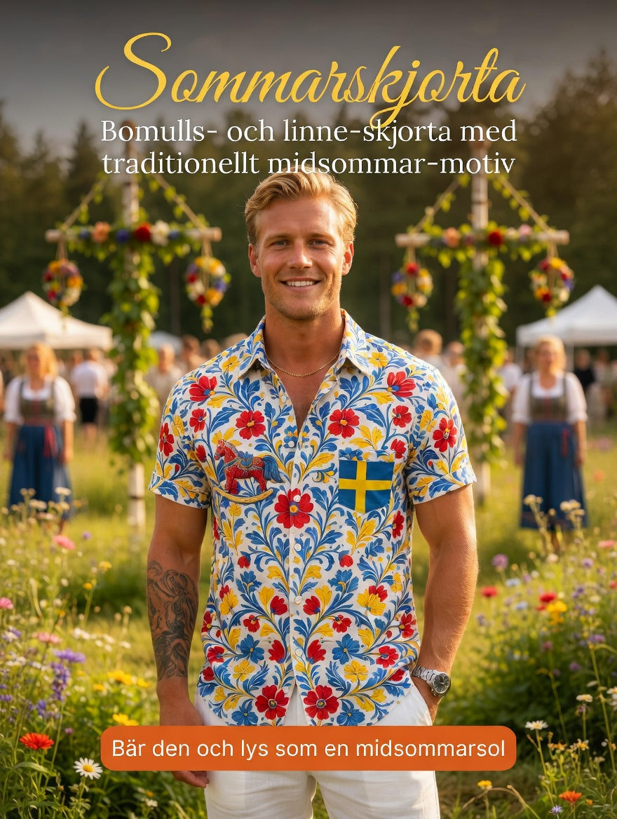 Men's Retro Swedish Midsummer Folk Floral Cotton-Linen Short-Sleeve Shirts