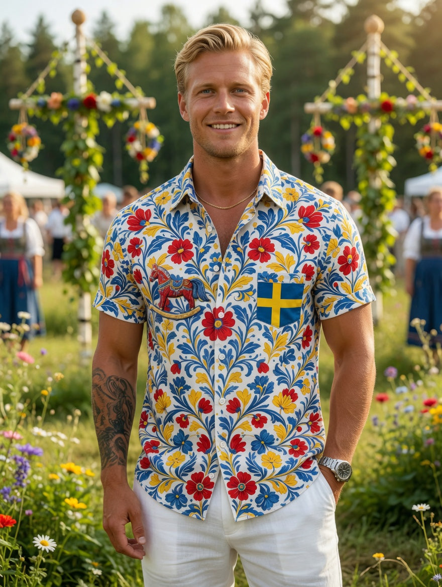 Men's Retro Swedish Midsummer Folk Floral Cotton-Linen Short-Sleeve Shirts