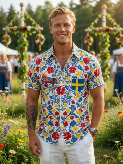 Men's Retro Swedish Midsummer Folk Floral Cotton-Linen Short-Sleeve Shirts