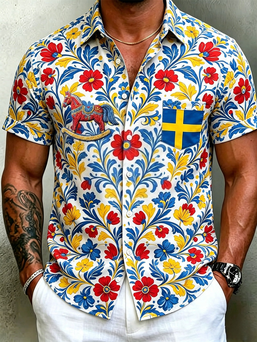 Men's Retro Swedish Midsummer Folk Floral Cotton-Linen Short-Sleeve Shirts