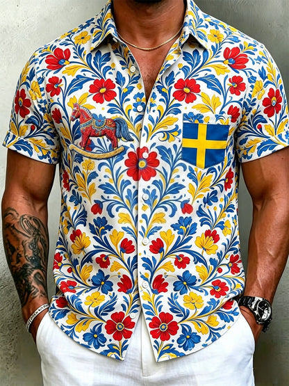 Men's Retro Swedish Midsummer Folk Floral Cotton-Linen Short-Sleeve Shirts